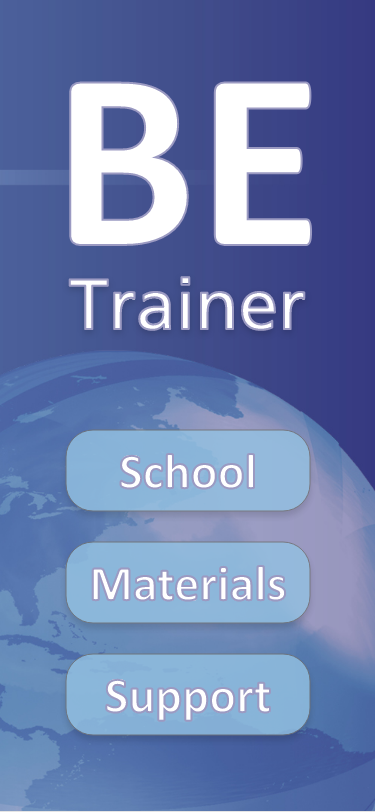 A screen of the BE Trainer menu, with options for school, materials, and support.